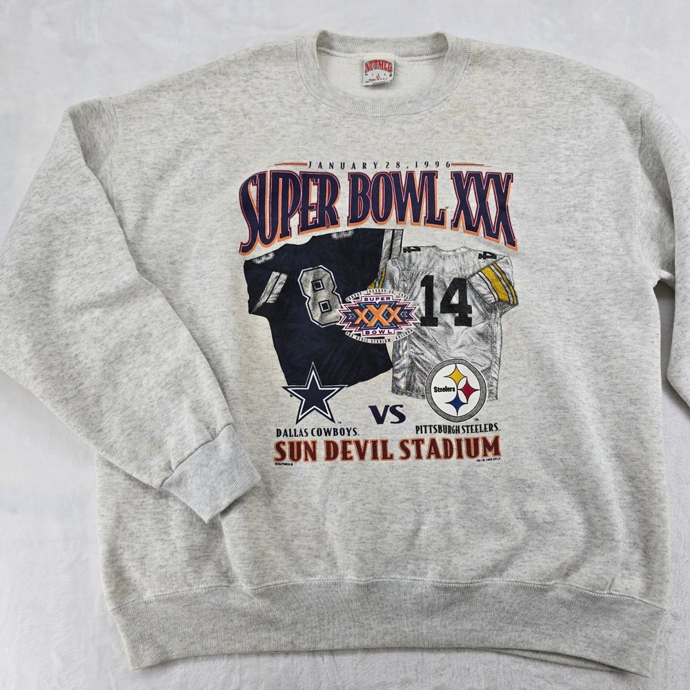 Nutmeg Mills Sweatshirt Mens XL Super Bowl XXX 1996 Gray Cowboys vs Steelers